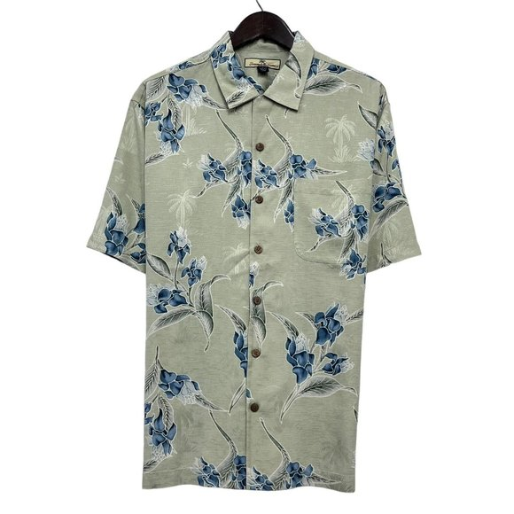 Tommy Bahama Men's Button Front Hawaiian Shirt Sage Green Floral Silk Size M guc - Picture 1 of 7